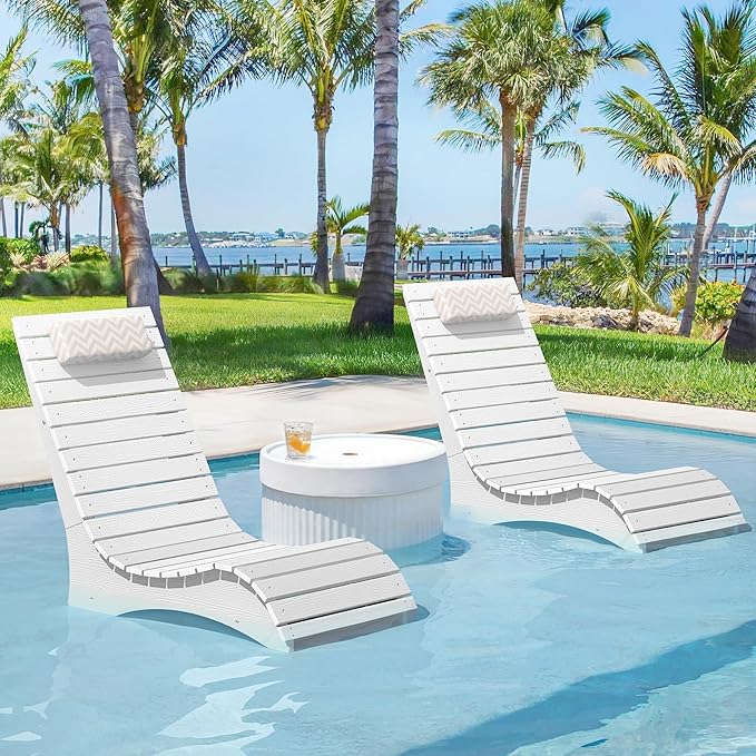 HDPS Pool Lounge Chairs, Use in Pools Lounge Chairs up to 10-Inches of Water, Chaise Chairs with Headrest, Lounge Chair Outdoor, Fade-Resistant Pool Lounger for Deck