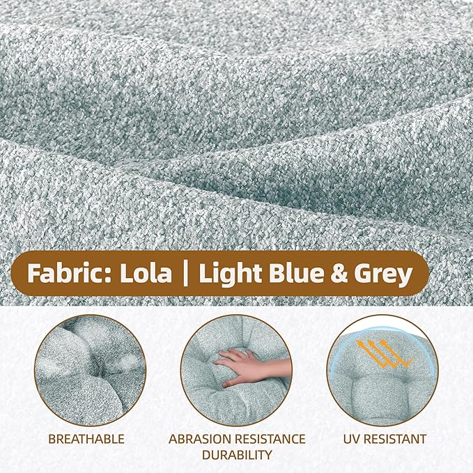Rocking Chair Cushion - Lola Cotton-Linen Fabric, High-Density Sponge, Durable Comfort Non-Slip Bottom Tufted Seat Pads with Ties, Lola︱Grey-Blue, 44x19x4 inch