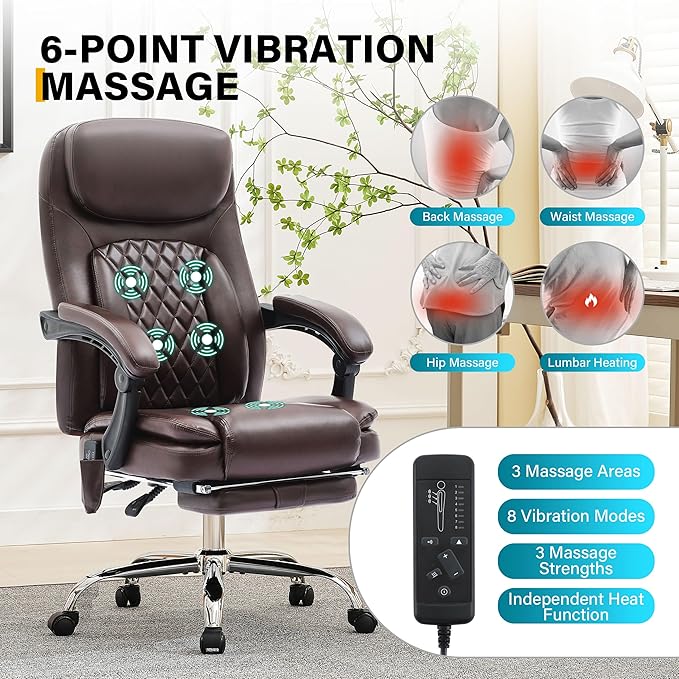 6-Point Massage Office Chair with Heated, Ergonomic Office Chair with Footrest & 45°Reclining High Back, Big and Tall Executive Office Chair 500LBS, Thick Cushion Desk Chair for Home Office, Brown(PU)