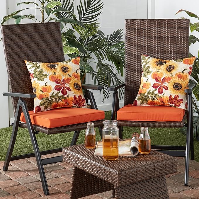 Outdoor 18 inch Square Patio Dining Chair Pads – Comfortable Fiber-Filled Seat Cushions with Ties, Reversible Polyester Fabric - Rust, Set of 4