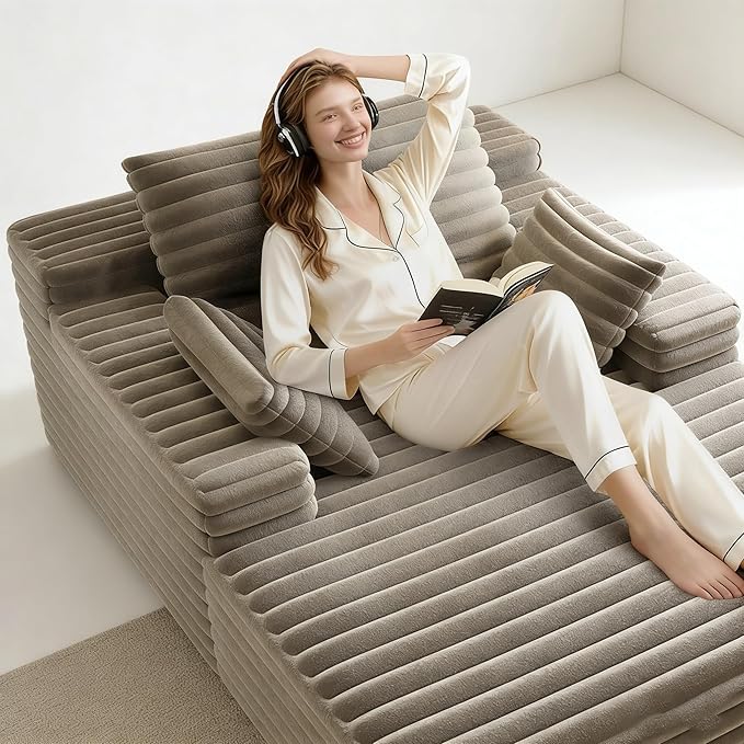 62.6" Oversized Chaise Lounge Chair Indoor,Corduroy Boneless Couch for Living Room,Memory Foam Filled Lounger Sleeper Couch with Pillows,Compress Sofa Bed,No Assembly Required,Camel | Indoor, Corduroy Boneless, Memory Foam Filled, With Pillows, No Asse...