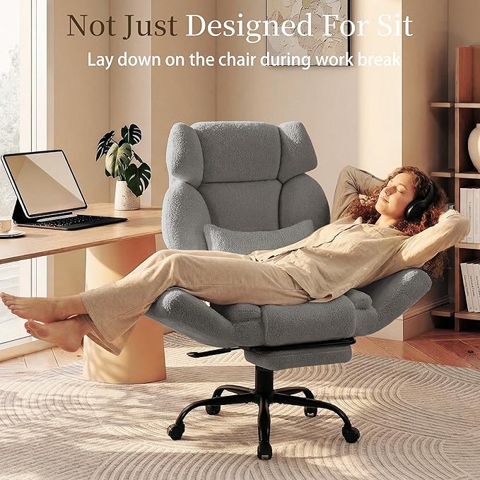 Office Chair with Flip Armrests,Big and Tall Office Chair with Foot Rest,Extra Wide Seat & Lumbar Pillow,Ergonomic Computer Gaming Chair,Comfy Criss Cross Chair for Pets Sitting,Teddy Fleece,Grey