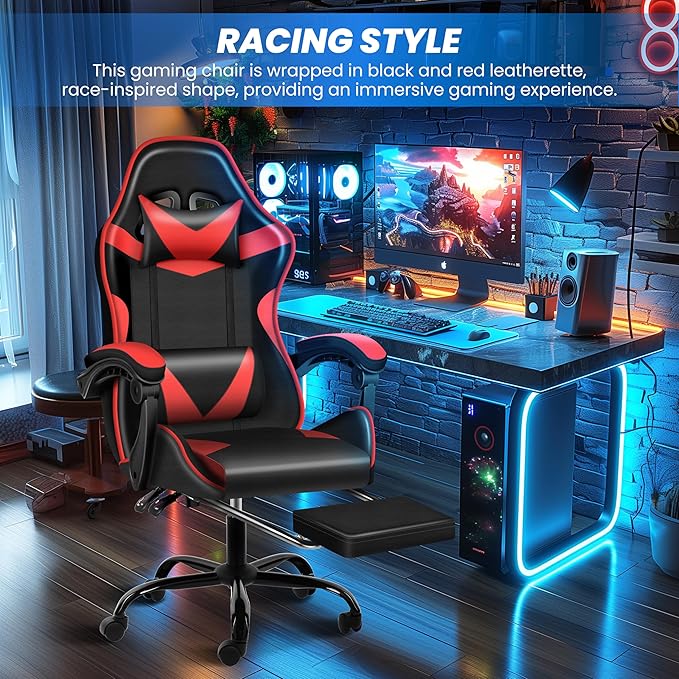 Gaming Chair, Ergonomic Computer Chair with Footrest and Lumbar Support, 90°–155° Reclining Backrest, Height Adjustable 360° Swivel Office Desk Chair for Adults and Kids