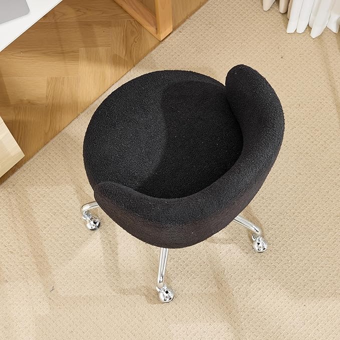 VINGLI Cute Small Swivel Desk Chair Comfy with Wheels,Ergonomic Low-Back Lumbar Support Vanity Nail Tech Rolling Task Stool Chair for Home Office,Height Adjustable,Teddy Fleece,Black