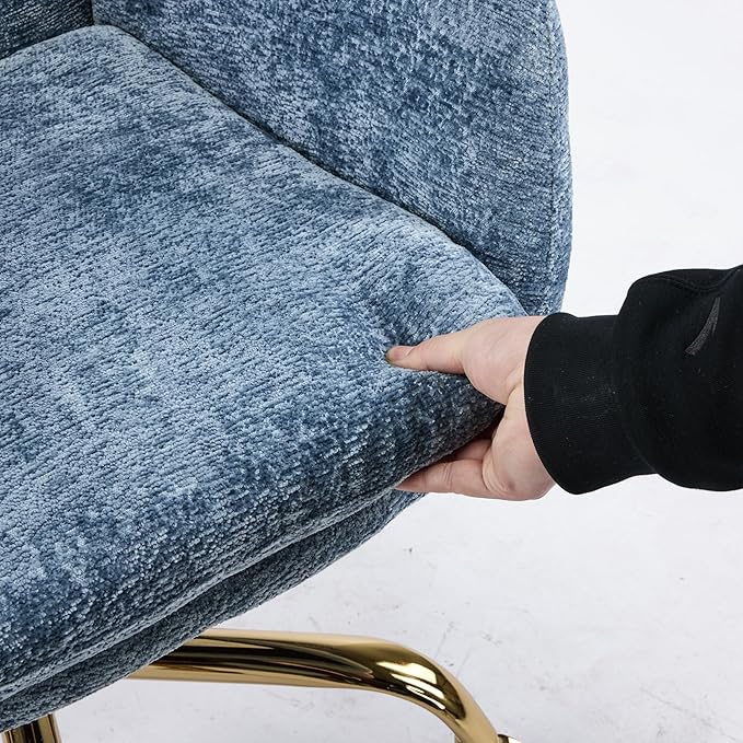 VINGLI Comfy Fuzzy Vanity Chair, Swivel Makeup Chair with Wheels, Upholstered Height Adjustable Armchair with Gold Base, Modern Ergonomic Desk Chair for Bedroom, Home Office, Blue