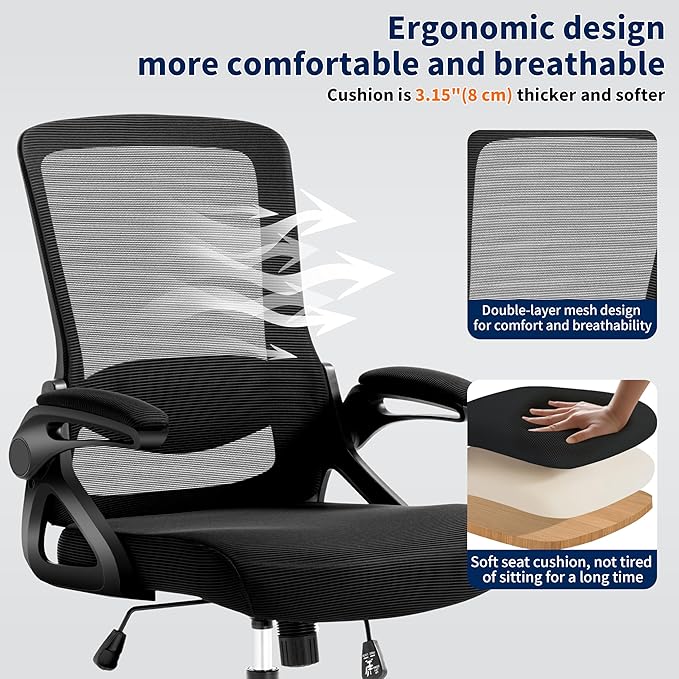 Ergonomic Office Chair, Desk Chair with Adjustable Lumbar Support, Breathable Mesh Comfy Computer Chairs with Flip-up Armrests Executive Task Chair for Adults Home Office (2Pcs)