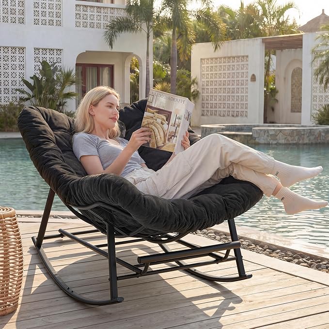 Oversized Rocking Chair Indoor with Foot Rest, Papasan Rocking Chair Outdoor, Lounge Chair with Cushion, Patio Egg Rocker Chairs, Comfy Reading Chairs for Living Room,Garden, Lawn, Dark Grey