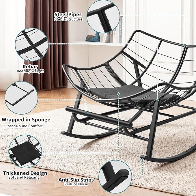 Oversized Rocking Chair Indoor with Foot Rest, Papasan Rocking Chair Outdoor, Lounge Chair with Cushion, Patio Egg Rocker Chairs, Comfy Reading Chairs for Living Room,Garden, Lawn, Dark Grey
