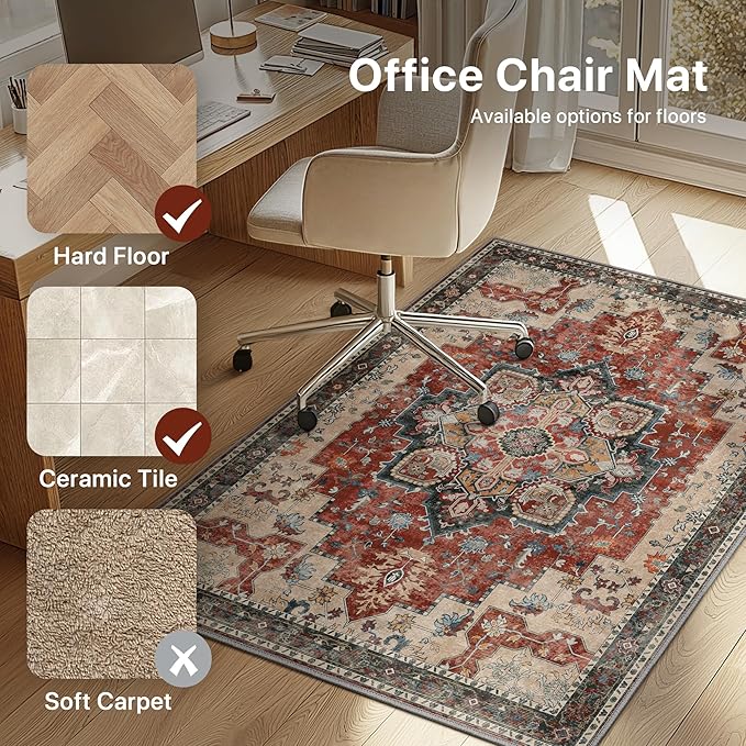 48"x48" Office Chair Mat for Hardwood Tile Floor, Under Desk Carpet Protector for Rolling Computer Chair Mat, Machine Washable Round Area Rug, Anti-Slip 1/5" Thick Low Pile Thin Floor Mat, Annatto