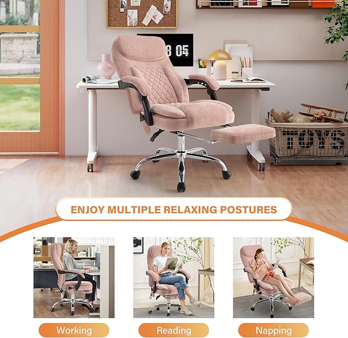 500LBS Massage Office Chair, 6 Points Vibration & Heat Executive Office Chairs, 135°Reclining Comfy Desk Chair with Foot Rest, Wider & Thicker Seat Cushion, Fabric Big and Tall Gaming Chair, Pink
