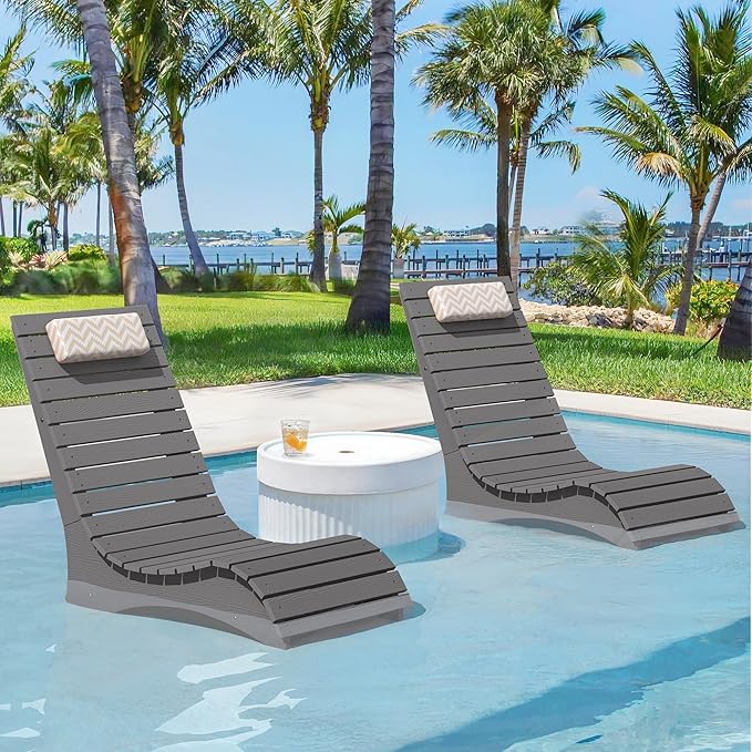 HDPS Pool Lounge Chairs, Use in Pools Lounge Chairs up to 10-Inches of Water, Chaise Chairs with Headrest, Lounge Chair Outdoor, Fade-Resistant Pool Lounger for Deck