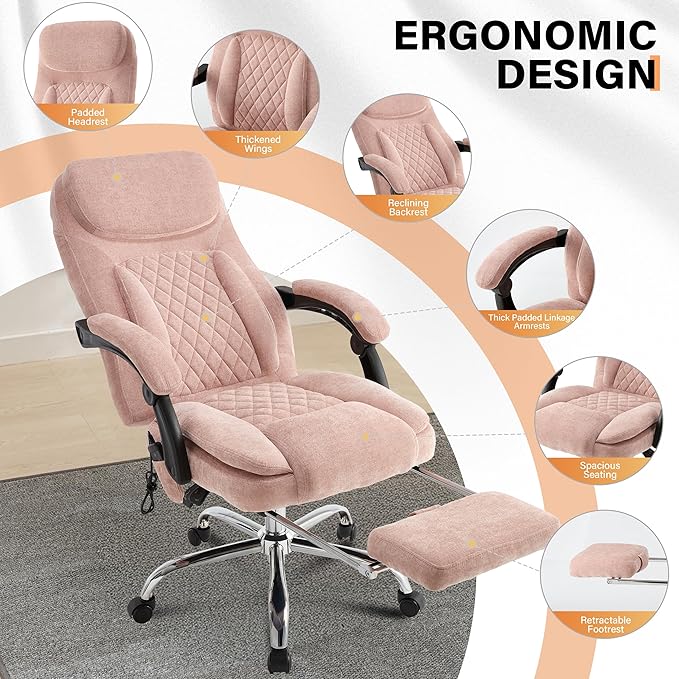 500LBS Massage Office Chair, 6 Points Vibration & Heat Executive Office Chairs, 135°Reclining Comfy Desk Chair with Foot Rest, Wider & Thicker Seat Cushion, Fabric Big and Tall Gaming Chair, Pink