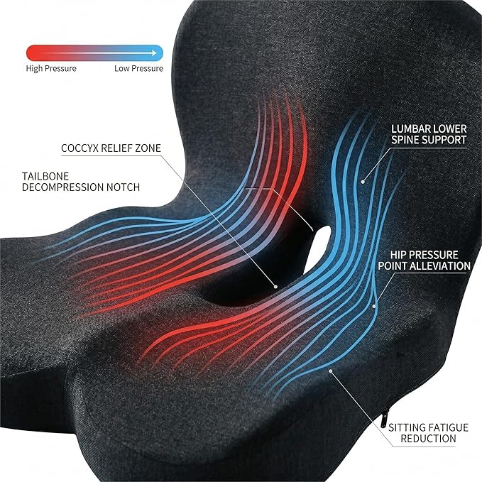 Memory Sponge Cushion, Pressure reducing Cushion, Ergonomic, Lumbar Support Pillow (All Black)