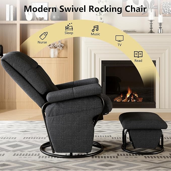AODAILIHB 360° Swivel Glider Recliner with Ottoman, Nursing Glider Rocking Chair with Foot Rest & 2 Side Pockets for Nursery, Living Room, Bedroom, Office, Grey