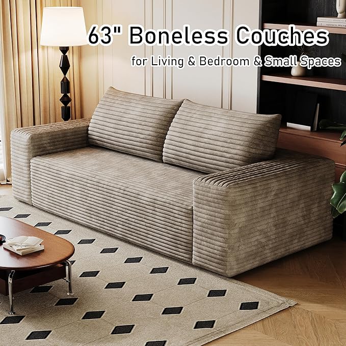 63" Boneless Couches for Living Room,Corduroy Loveseat Sofa for Small Spaces & Bedroom & Apartment,Compressed Sofa No Assembly Required,Camel