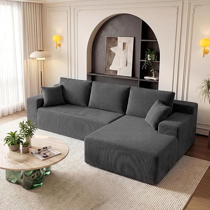 GRUSIGN Cloud Sectional Boneless Couches for Living Room, Modular L Shaped Couch with Deep Seat Oversized Right Facing Chaise, Memory Foam Compressed Spineless 3 Seater Sofa, Grey | No Assembly Required, Deep Seat, Cat-Claw Resistant, High-Resilience F...