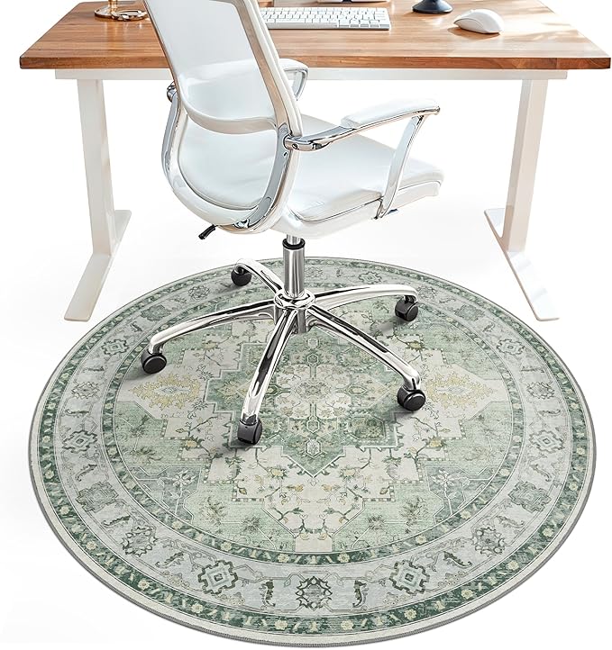 60"x60" Office Chair Mat for Hardwood Tile Floor, Under Desk Carpet Protector for Rolling Computer Chair Mat, Machine Washable Round Area Rug, Anti-Slip 1/5" Thick Low Pile Thin Floor Mat, Green