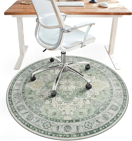 60"x60" Office Chair Mat for Hardwood Tile Floor, Under Desk Carpet Protector for Rolling Computer Chair Mat, Machine Washable Round Area Rug, Anti-Slip 1/5" Thick Low Pile Thin Floor Mat, Green