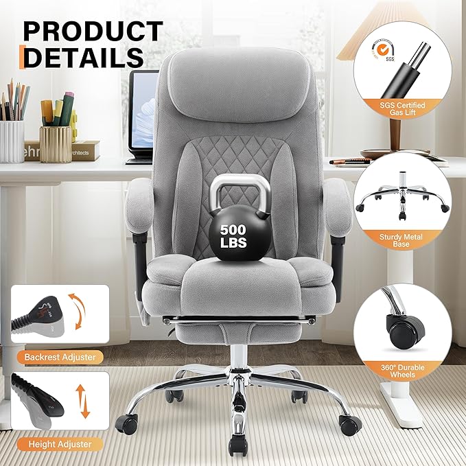 500LBS Massage Office Chair, 6 Points Vibration & Heat Executive Office Chairs, 135°Reclining Comfy Desk Chair with Foot Rest, Wider & Thicker Seat Cushion, Fabric Big and Tall Gaming Chair, Grey