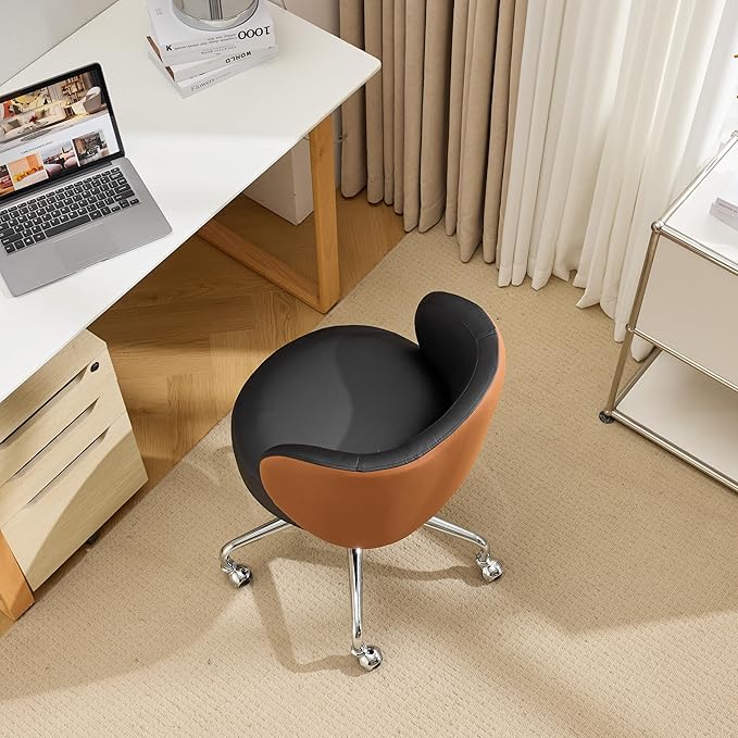 VINGLI Cute Small Swivel Desk Chair Comfy with Wheels,Ergonomic Low-Back Lumbar Support Vanity Nail Tech Rolling Task Stool Chair for Home Office,Height Adjustable,PU Leather Black&Suede Brown