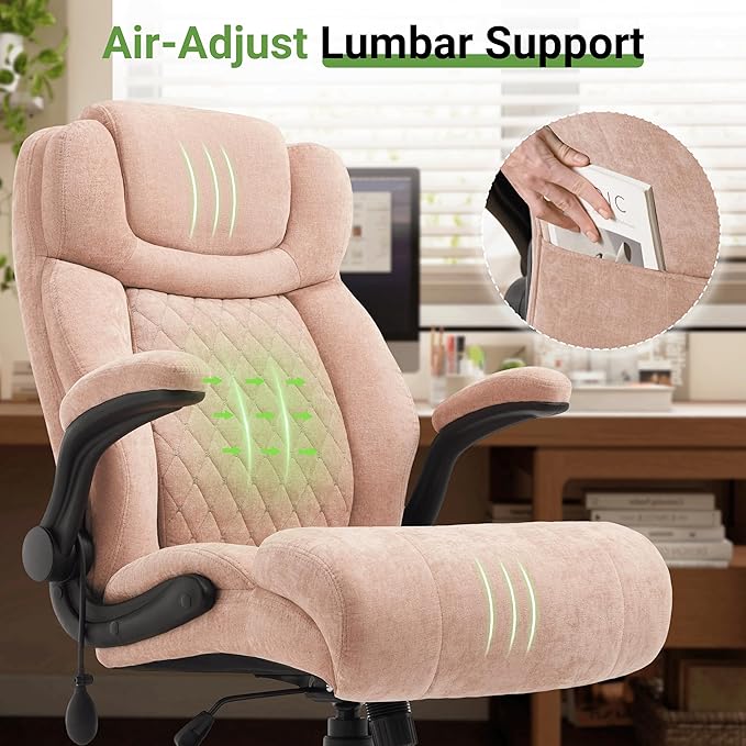 Office Chair, Big and Tall Executive Chairs with Lumbar Support for Back Pain, Breathable Fabric Desk Computer Chair with Adjustable Flip-up Armrests,Wide Cushion Swivel Home Office Chair Black,Pink