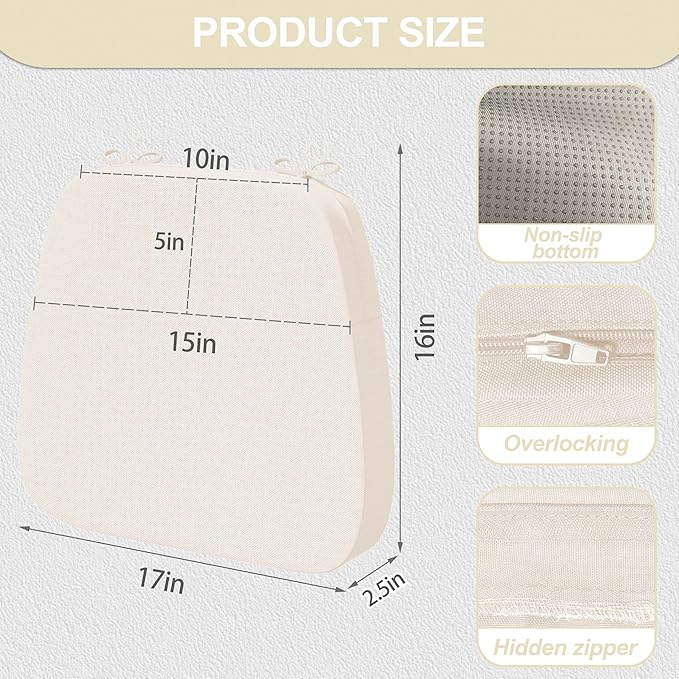 17'' x 16'' x 2.5"Thick Chair Cushions for Dining Chairs, 6 Pack WaterProof Easy Clean Kitchen Chair Pads with Ties and Non-Slip Backing - 30D High Elastic Foam Soft Kitchen Chair Cushions