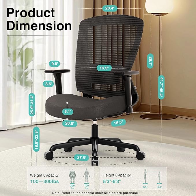 ELABEST Mesh Office Chair,Ergonomic Computer Desk Chair,Sturdy Task Chair- Adjustable Lumbar Support & Armrests,Tilt Function,Comfort Wide Seat,Swivel Home Office Chair (Noir Black (Padded Seat))