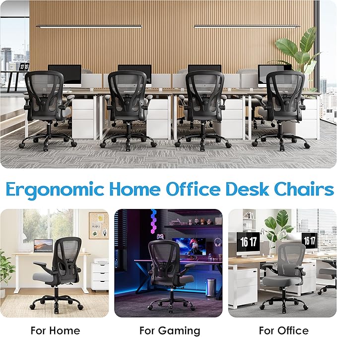 Office Chair Ergonomic Desk Chair - Mesh Computer Chair Breathable Task Chair with Wheels Adjustable Lumbar Support Home Desk Office Chairs with Flip up Armrest Gray 6 Pack