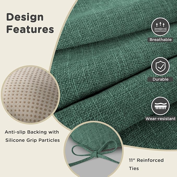 AddGrace Chair Cushions for Dining Chairs Set of 4 Kitchen Seat Cushions with Ties and Non Slip Backing Tufted Indoor Seat Pad for Kitchen Dining Room 18" x 17" x 3" Dark Green