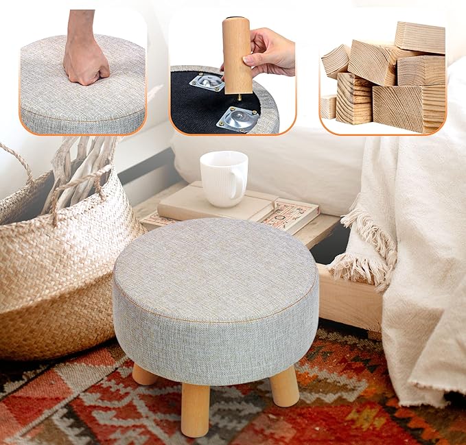 H&B Luxuries Fabric Round Padded Ottoman Foot Rest Stool (4 Legs-Simple Linen)