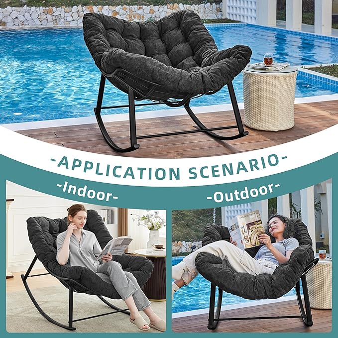 Oversized Rocking Chair Indoor, Papasan Rocking Chair Outdoor, Lounge Chair with Cushion, Patio Egg Rocker Chairs, Comfy Reading Chairs for Bedroom, Living Room, Garden, Lawn, Dark Grey