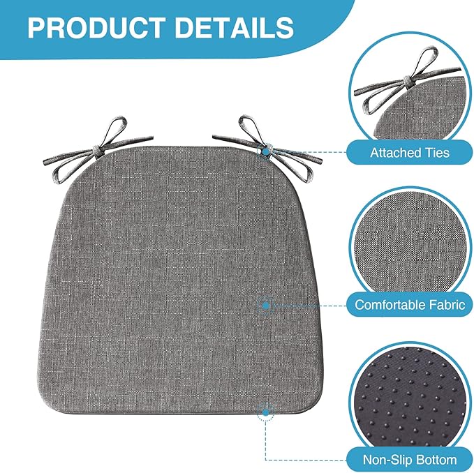 IASEAHK Chair Cushions for Dining Chairs Set of 4, Non Slip Kitchen Chair Pads, 17" x 16" x 2", Indoor Dining Chair Cushions with Ties, D-Shaped Seat Cushions for Kitchen Chairs, Dark Grey