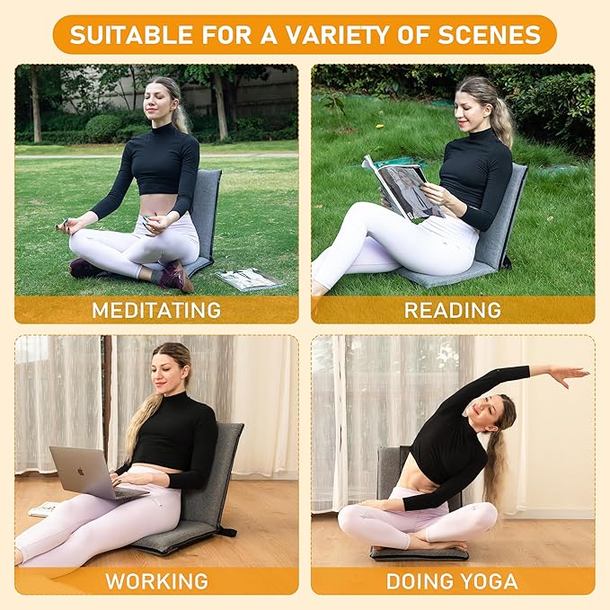 FASTMOMENT Floor Chair with Back Support 14-Position Adjustable Floor Chair Portable Ground Seating for Adults & Kids Foldable Meditation Seat with Japanese KOYO Bearings & Washable Linen Cover (Grey)