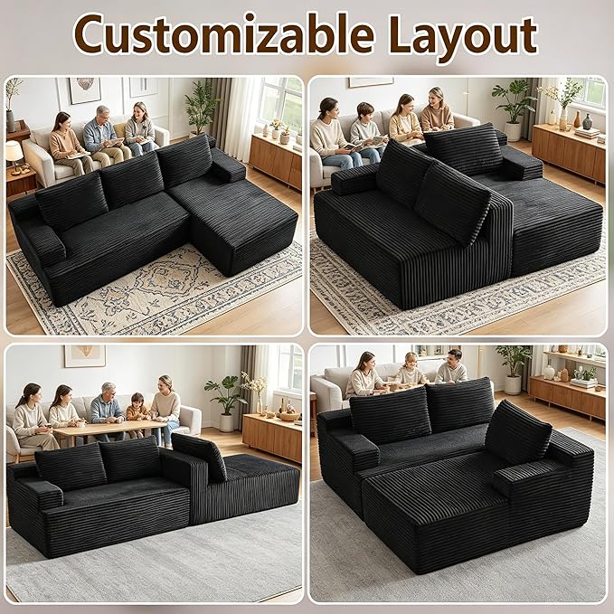 94" Black Fluffy Couch with Ottoman for Living Room, Corduroy No Bones Sectional Couch,Compressed Memory Foam Cloud Sofa,No Assembly Required,Right Facing Chaise,Black