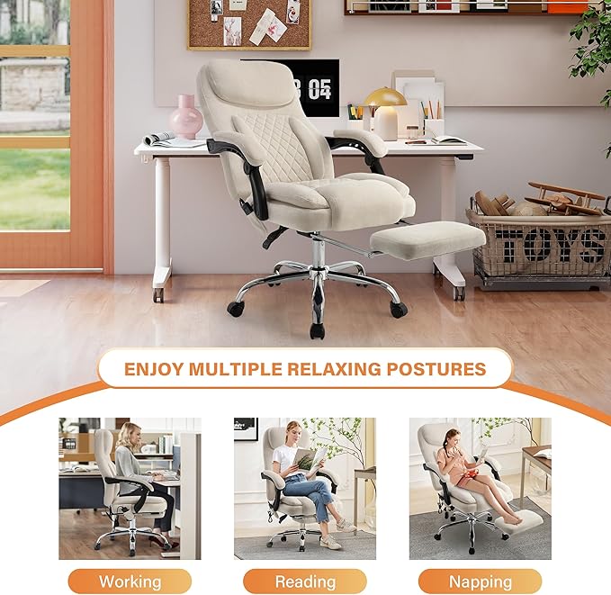 500LBS Massage Office Chair, 6 Points Vibration & Heat Executive Office Chairs, 135°Reclining Comfy Desk Chair with Foot Rest, Wider & Thicker Seat Cushion, Fabric Big and Tall Gaming Chair, Beige
