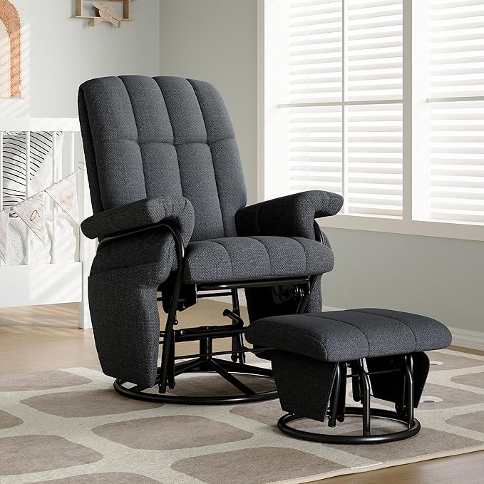 AODAILIHB 360° Swivel Glider Recliner with Ottoman, Nursing Glider Rocking Chair with Foot Rest & 2 Side Pockets for Nursery, Living Room, Bedroom, Office, Grey