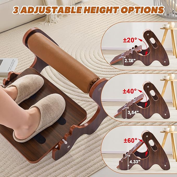 Spacocld Foot Rest for Under Desk at Work- Adjustable Rocking Foot Stool with 3 Height Positions and Soft Crossbar, Ergonomic Wooden Footrest with Anti-Slip Surface for Home, Office