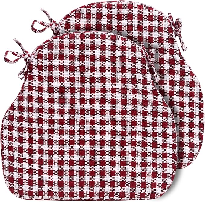 Burgundy Gingham Winsor Chair Cushions with Ties, Dining Kitchen Chair Seat Pads Non Slip Removable Washable Cover 17"x16" Set of 2