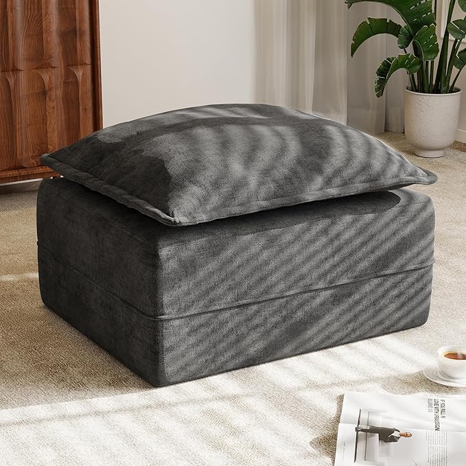 Hobestluk Rectangular Cloud Memory Foam Ottoman for Boneless Couch Comfy Couch Footrest with Removable Cover for Living Room Bedroom or Office as Extra Seating (Dark Grey, Ottoman)