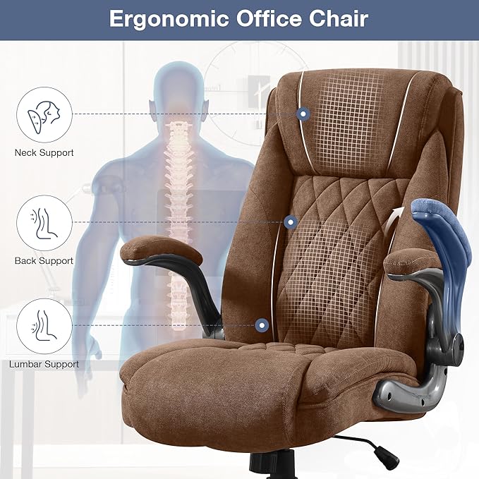 Big and Tall Fabric Office Chair 400lbs High Back Executive Computer Desk Chair with Flip Up Armrest, Breathable Fabric Adjustable Height Ergonomic Home Office Heavy Duty