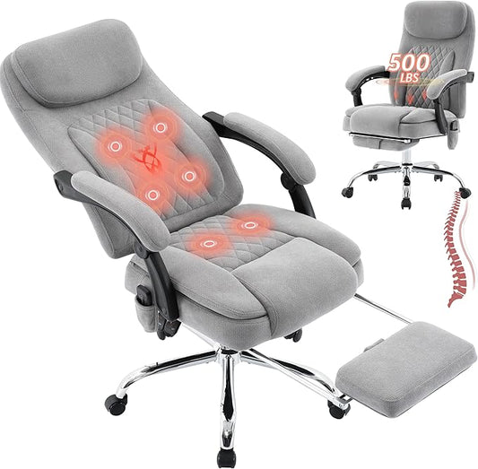 500LBS Massage Office Chair, 6 Points Vibration & Heat Executive Office Chairs, 135°Reclining Comfy Desk Chair with Foot Rest, Wider & Thicker Seat Cushion, Fabric Big and Tall Gaming Chair, Grey