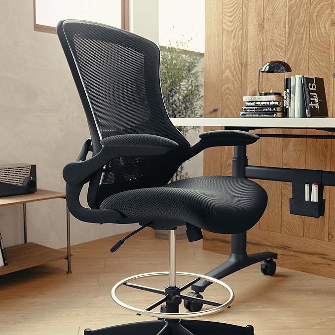 Flash Furniture Kelista Mid-Back Swivel Office Chair with Adjustable Seat Height, Ergonomic Mesh Desk Chair with Flip-Up Armrests, Black