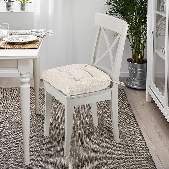 SQUARE MOON D-Shaped 3" Thick Chair Cushions, Chair Pads for Dining Chairs and Kitchen Chairs, Indoor Dining Room Seat Cushions with Ties, Machine Washable, 17" x 16" x 3", 4/Pack, Ivory