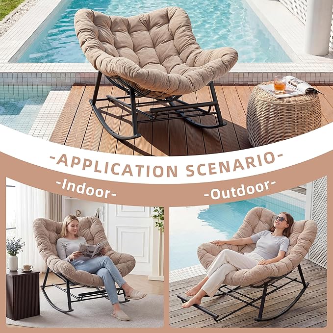 Oversized Rocking Chair Indoor with Foot Rest, Papasan Rocking Chair Outdoor, Lounge Chair with Cushion, Patio Egg Rocker Chairs, Comfy Reading Chairs for Living Room, Garden, Lawn, Khaki