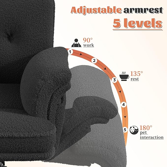 DurayLoly Criss Cross Chair with Wheels and Arms,Teddy Plush Vanity Chair with Side Pockets， Adjustable Home Office Desk Chairs，Computer Chair for Home, Makeup and Office Use,Black