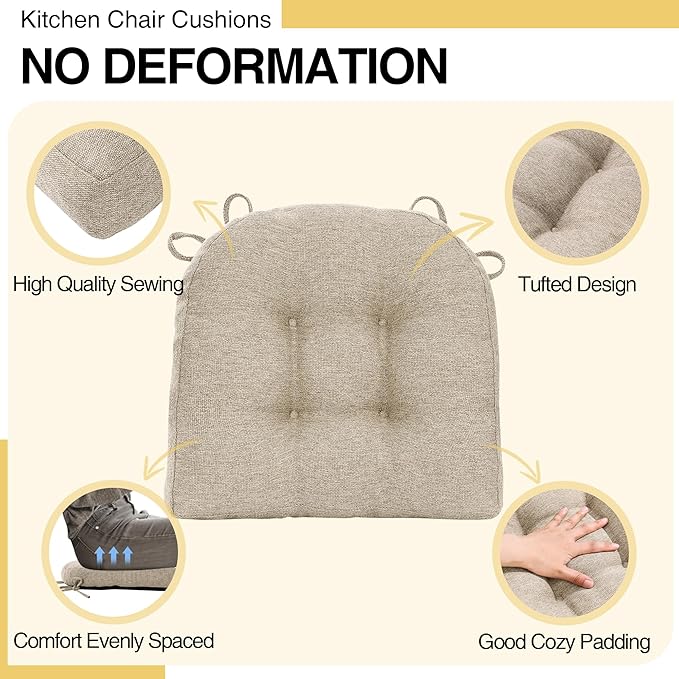 Tromlycs Chair Cushions for Dining Chairs Kitchen Seat Cushions Room Set of 4 Pads with Ties Indoor Non Slip Office 18 x 18 Inch, Beige