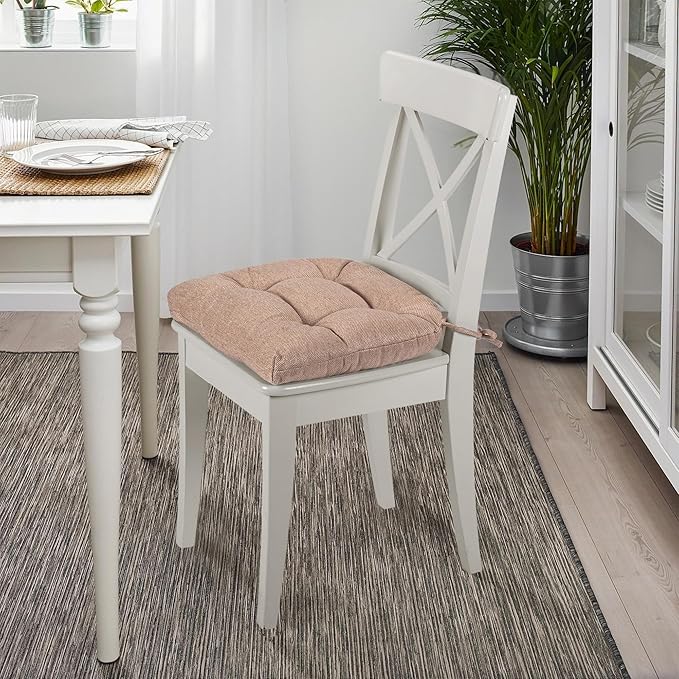 SQUARE MOON D-Shaped 3" Thick Chair Cushions, Chair Pads for Dining Chairs and Kitchen Chairs, Indoor Dining Room Seat Cushions with Ties, Machine Washable, 17" x 16" x 3", 4/Pack, Light Coffee