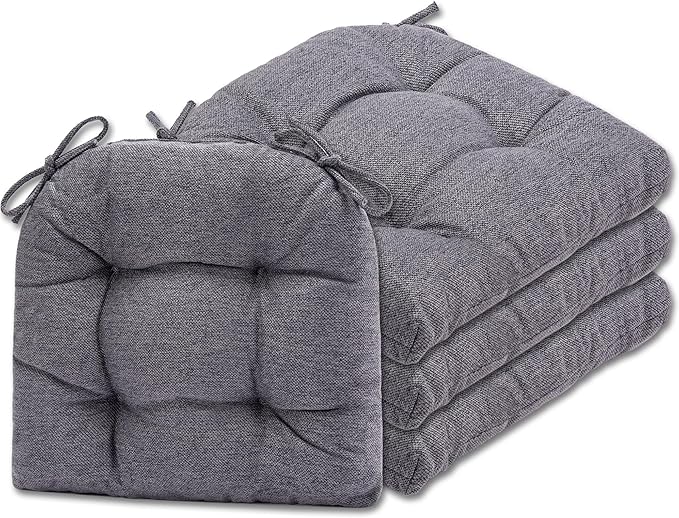 SQUARE MOON D-Shaped 3" Thick Chair Cushions, Chair Pads for Dining Chairs and Kitchen Chairs, Indoor Dining Room Seat Cushions with Ties, Machine Washable, 17" x 16" x 3", 4/Pack, Grey
