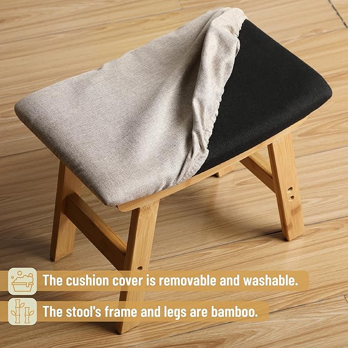 BAMBOO LAND- Bamboo Foot Stools Ottoman, Beige Cushion & Natural Wood Legs, Small Ottoman Foot Rest for Couch