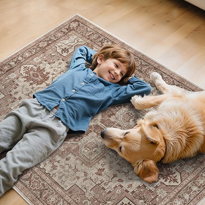 36"x48" Office Chair Mat for Hardwood Tile Floor, Under Desk Carpet Protector for Rolling Computer Chair Mat, Machine Washable Area Rug, Anti-Slip 1/5" Thick Low Pile Thin Vinyl Floor Mat, Brown Red